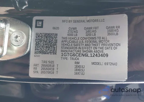 2020 GMC Canyon 4Wd Short Box Sle из США, поврежденный, VIN 1GTG6CEN6L1243409